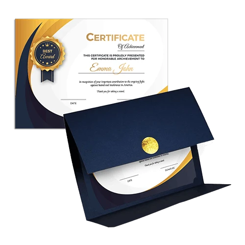 Certificate holder printed on 300 gsm card stock with gold foil label for secure closure