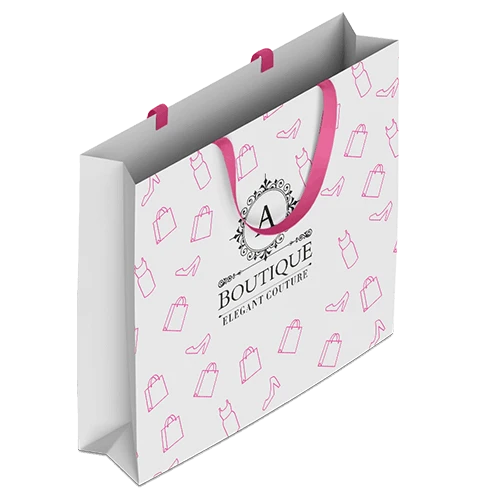 Custom shopping bag with branded logo and pink colour satin ribbon handles