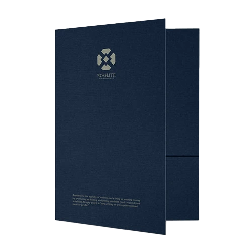 Presentation Folders on blue Linen textured stock with silver Foiling