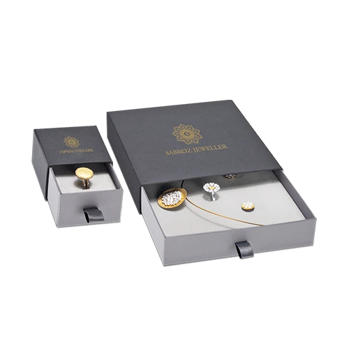 Custom Printed slide boxes, made of premium rigid material with gold foiling and foam inserts, ideal for jewelry items